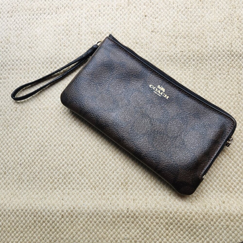 Coach Signature Double Zip Wristlet Purse F54057 Brown Black Signature C Canvas